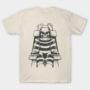 Human Skeleton Wear in Prison Suit on Electric Chair T-Shirt